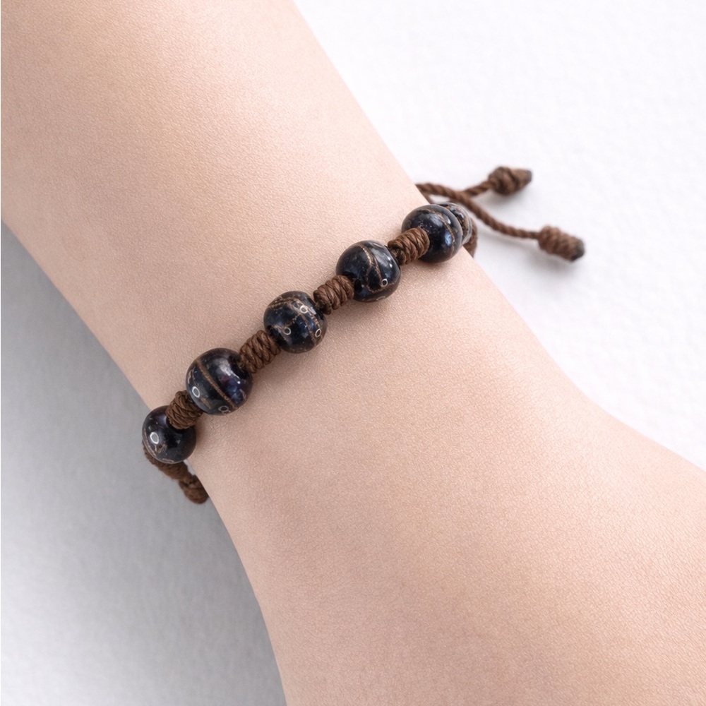 Adjustable Cord Beaded Bracelet Black Ceramic Beads Brown Rope Boho